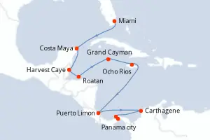 Carte de l’itinéraire du Seven Seas Grandeur · 15 jours / 14 nuits, Caraïbes occidentales