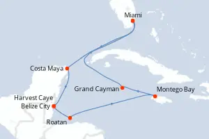 Carte de l’itinéraire du Seven Seas Grandeur · 11 jours / 10 nuits, Caraïbes occidentales