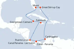 Carte de l’itinéraire du Norwegian Sun · 12 jours / 11 nuits, Caraïbes