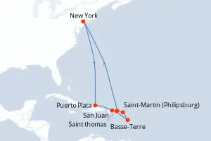 Carte de l’itinéraire du Norwegian Bliss · 13 jours / 12 nuits, Petites Antilles