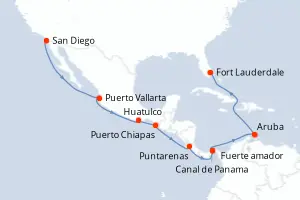 Carte de l’itinéraire de l’Island Princess · 17 jours / 16 nuits, Caraïbes méridionales