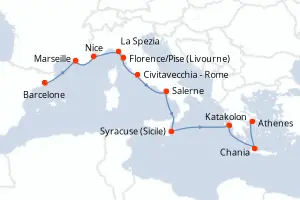 Carte de l’itinéraire de l’Azamara Onward · 15 jours / 14 nuits, Méditerranée occidentale