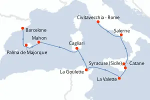 Carte de l’itinéraire de l’Azamara Onward · 12 jours / 11 nuits, Méditerranée occidentale