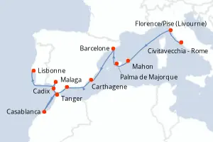 Carte de l’itinéraire de l’Azamara Onward · 18 jours / 17 nuits, Méditerranée occidentale