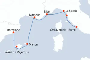 Carte de l’itinéraire de l’Azamara Onward · 11 jours / 10 nuits, Méditerranée occidentale