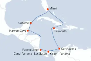 Carte de l’itinéraire du Norwegian Sun · 12 jours / 11 nuits, Caraïbes