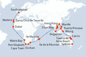 Carte de l’itinéraire du Queen Victoria · 66 jours / 65 nuits, Asie du Sud-Est