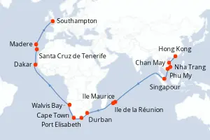 Carte de l’itinéraire du Queen Victoria · 47 jours / 46 nuits, Asie du Sud-Est