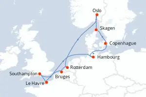 Carte de l’itinéraire du Sky Princess · 13 jours / 12 nuits, Mer du Nord / Bénélux-Germanie