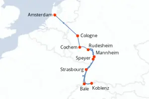 Carte de l’itinéraire de l’Amadeus Queen · 8 jours / 7 nuits, Rhin · Main · Moselle