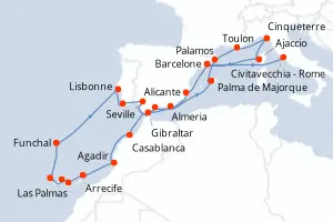 Carte de l’itinéraire de l’Oceania Sirena · 27 jours / 26 nuits, Méditerranée occidentale