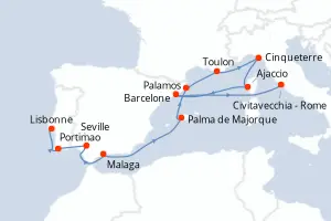 Carte de l’itinéraire de l’Oceania Sirena · 15 jours / 14 nuits, Méditerranée occidentale