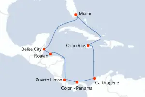 Carte de l’itinéraire du MSC Poesia · 12 jours / 11 nuits, Caraïbes
