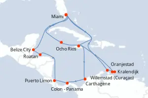 Carte de l’itinéraire du MSC Poesia · 22 jours / 21 nuits, Caraïbes