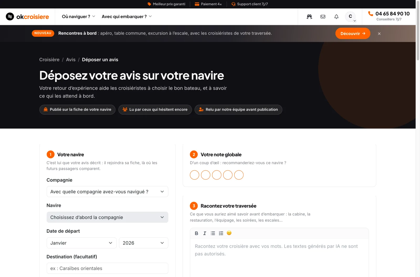 Le formulaire d’avis en six étapes numérotées, du choix du navire aux notes par critère
