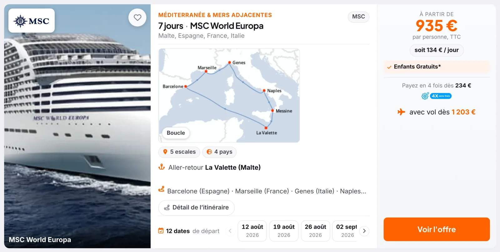 Une carte d’offre : itinéraire en Méditerranée, prix par personne, avantages et dates de départ