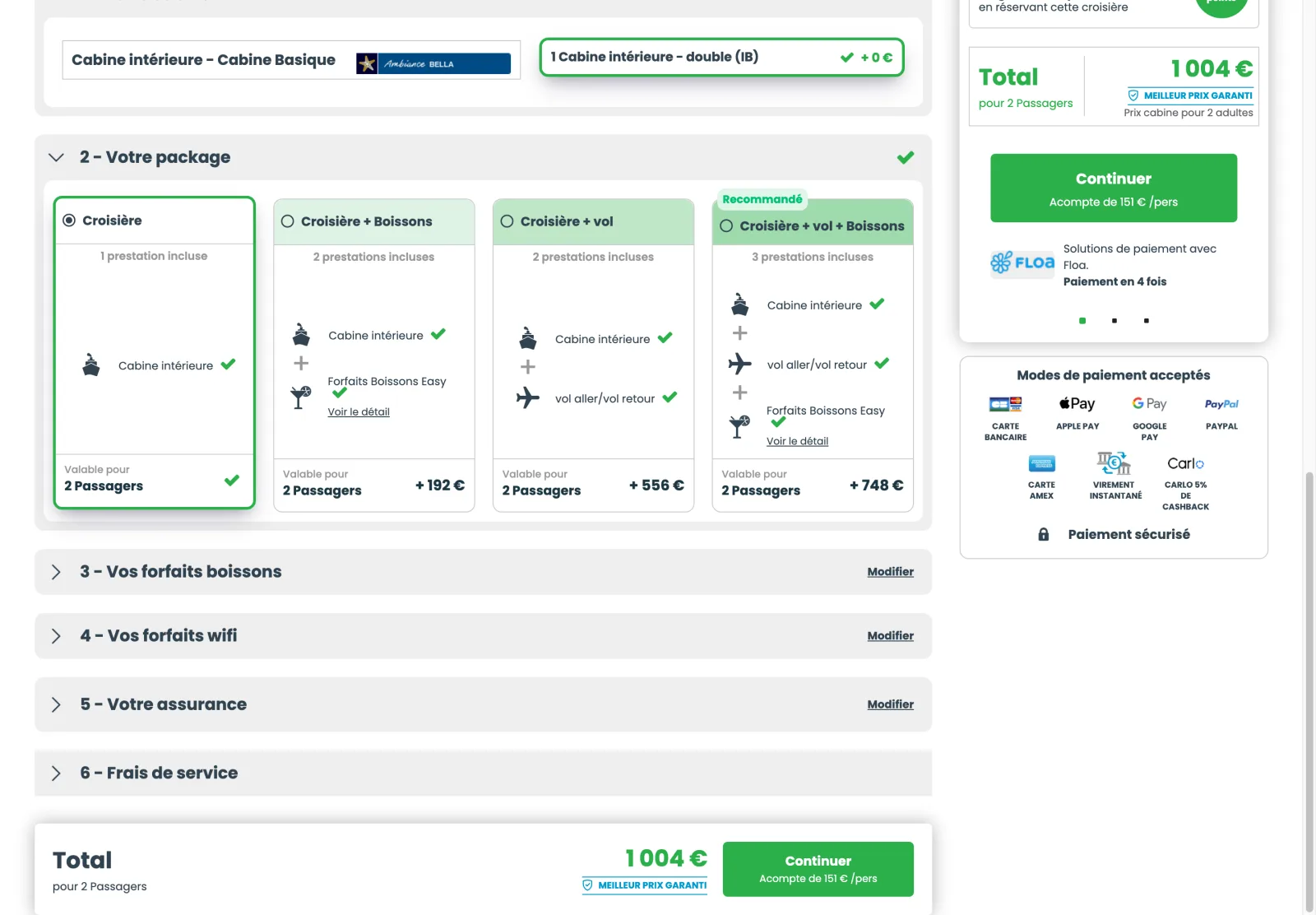 Le devis en ligne : packages croisière, vol et boissons, total au meilleur prix garanti, acompte et modes de paiement acceptés