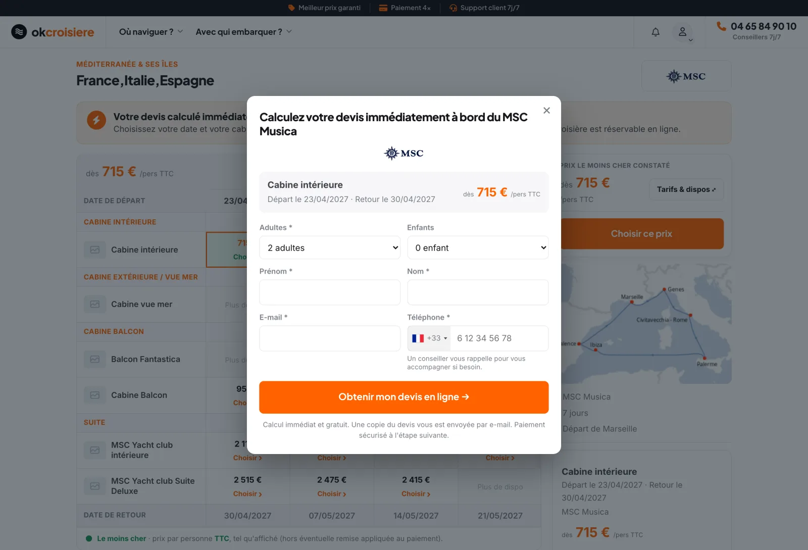 Le formulaire de devis : cabine et date récapitulées, passagers et coordonnées, bouton « Obtenir mon devis en ligne »