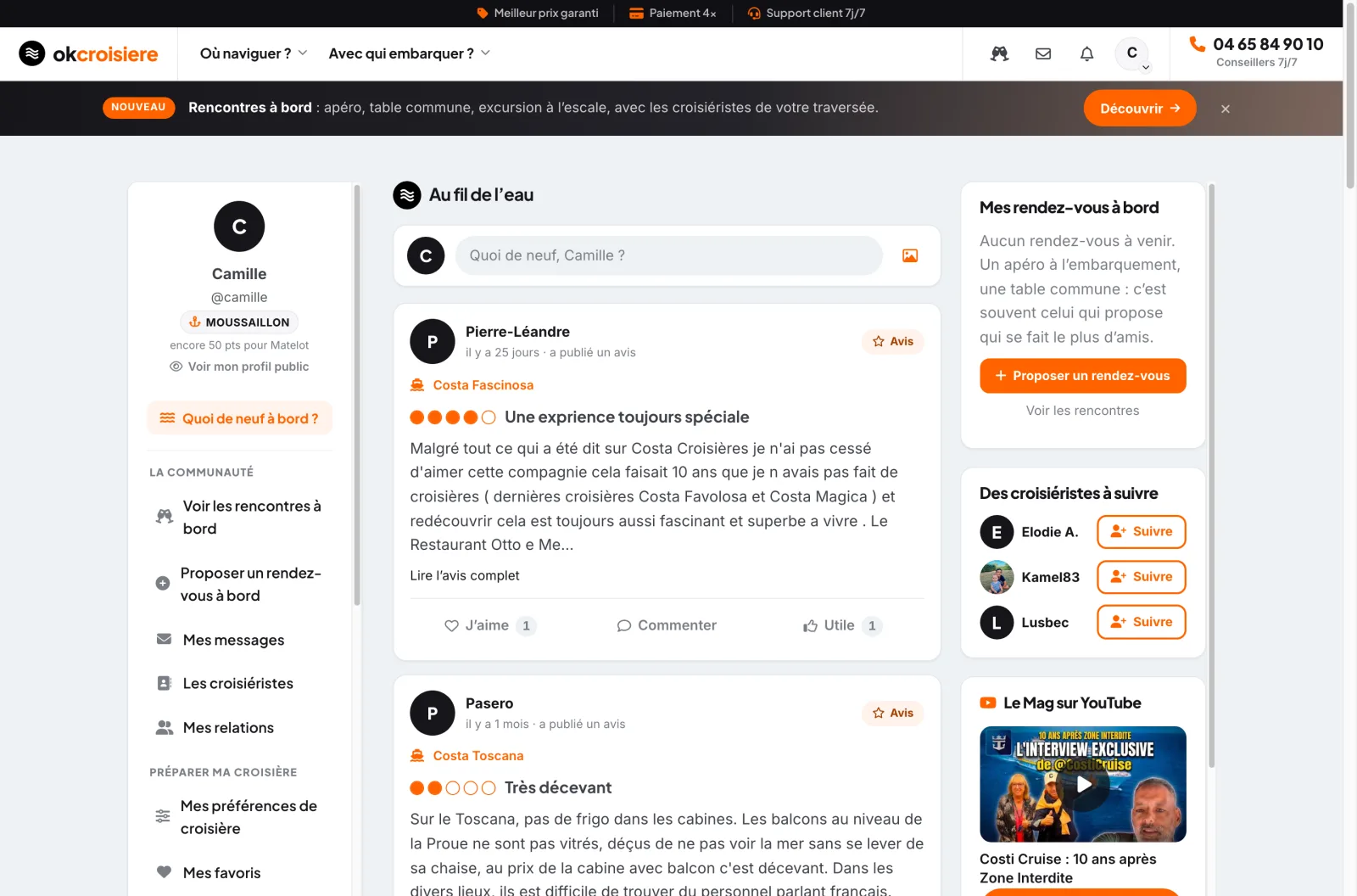 Le fil « Au fil de l’eau » : composeur de publication, cartes d’avis de la communauté, rendez-vous à bord et suggestions de croisiéristes à suivre