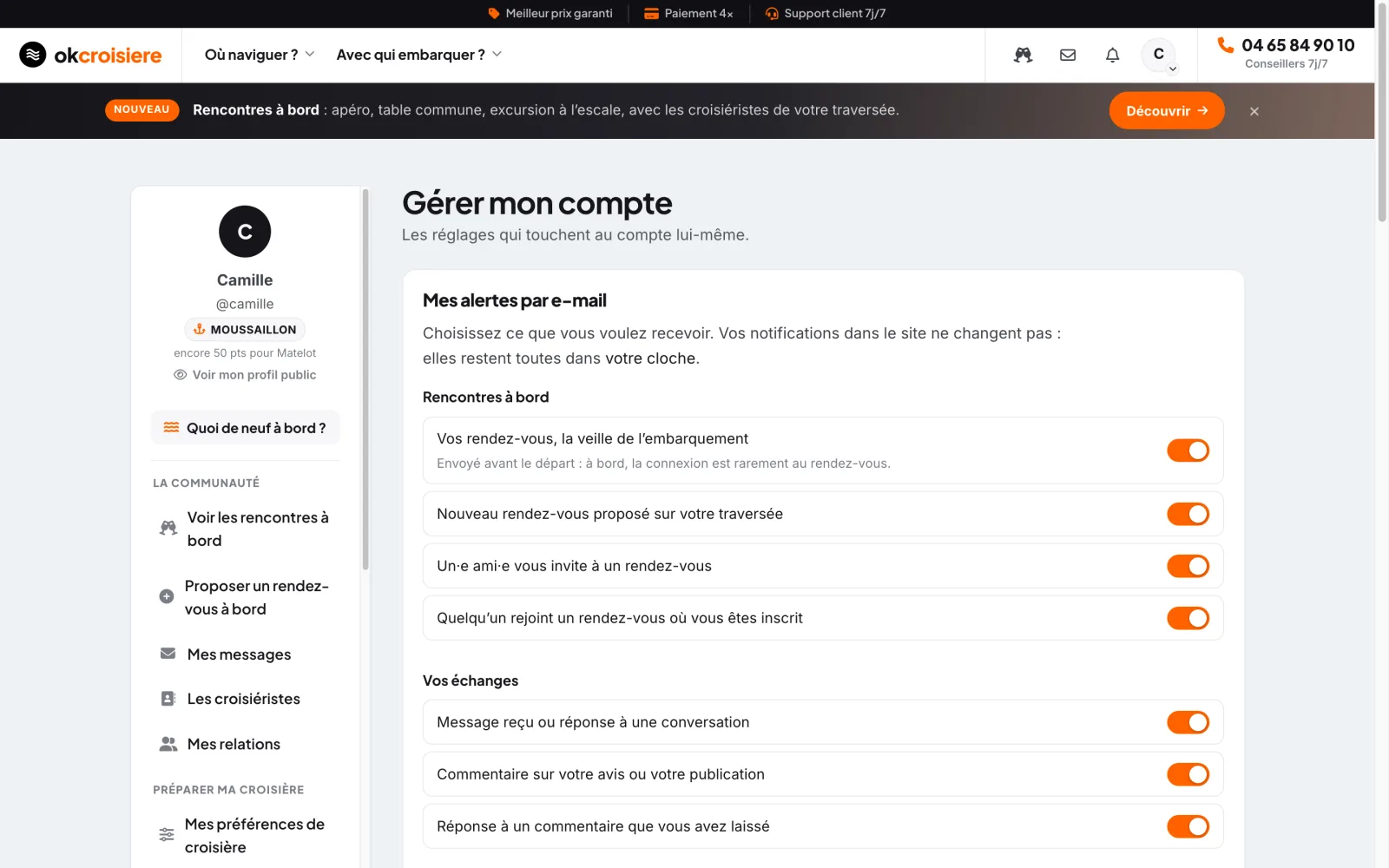 L’écran « Gérer mon compte » : les alertes e-mail réglables une par une