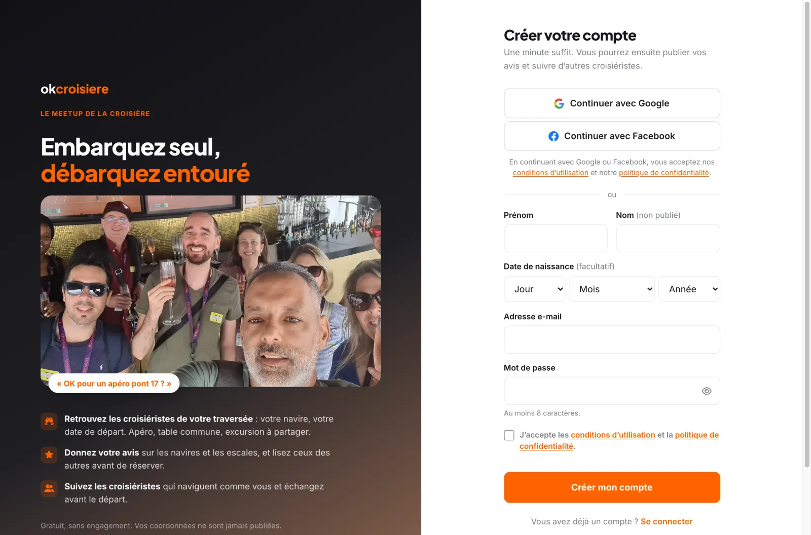 L’écran d’inscription : connexion par Google ou Facebook, ou par e-mail et mot de passe