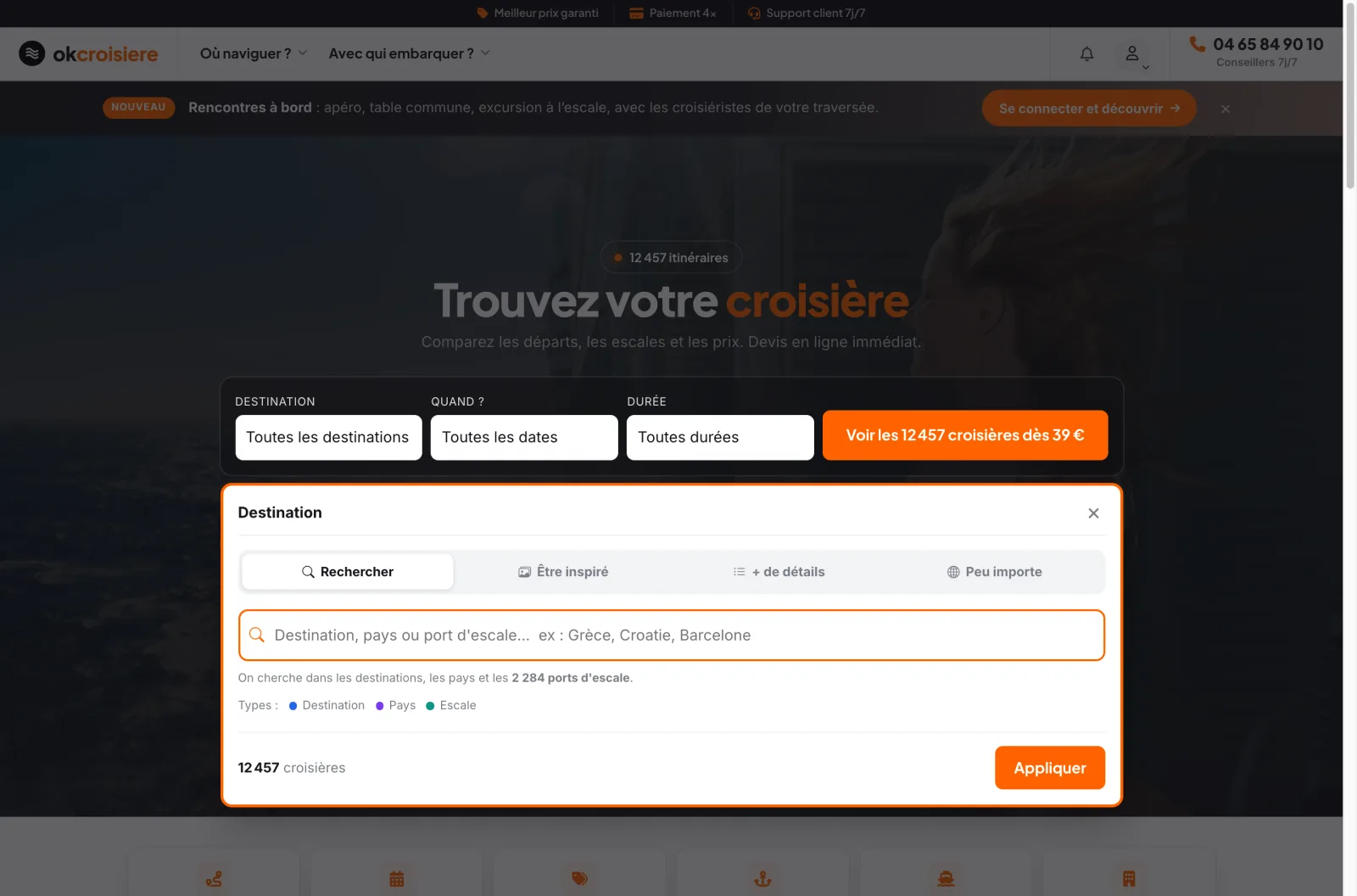 Le moteur de recherche de la page d’accueil, panneau Destination ouvert sur ses quatre modes