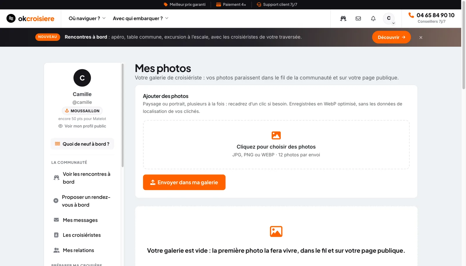 L’écran « Mes photos » : envoi multiple, aperçus et recadrage avant publication