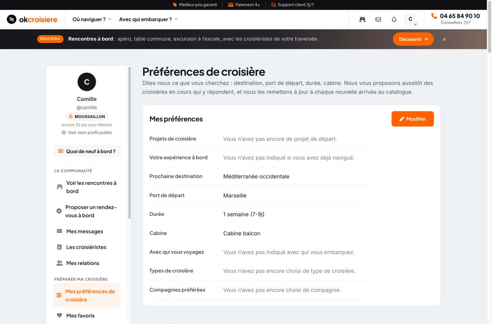 La page « Mes préférences » : les réglages en haut, la sélection de croisières correspondantes en dessous