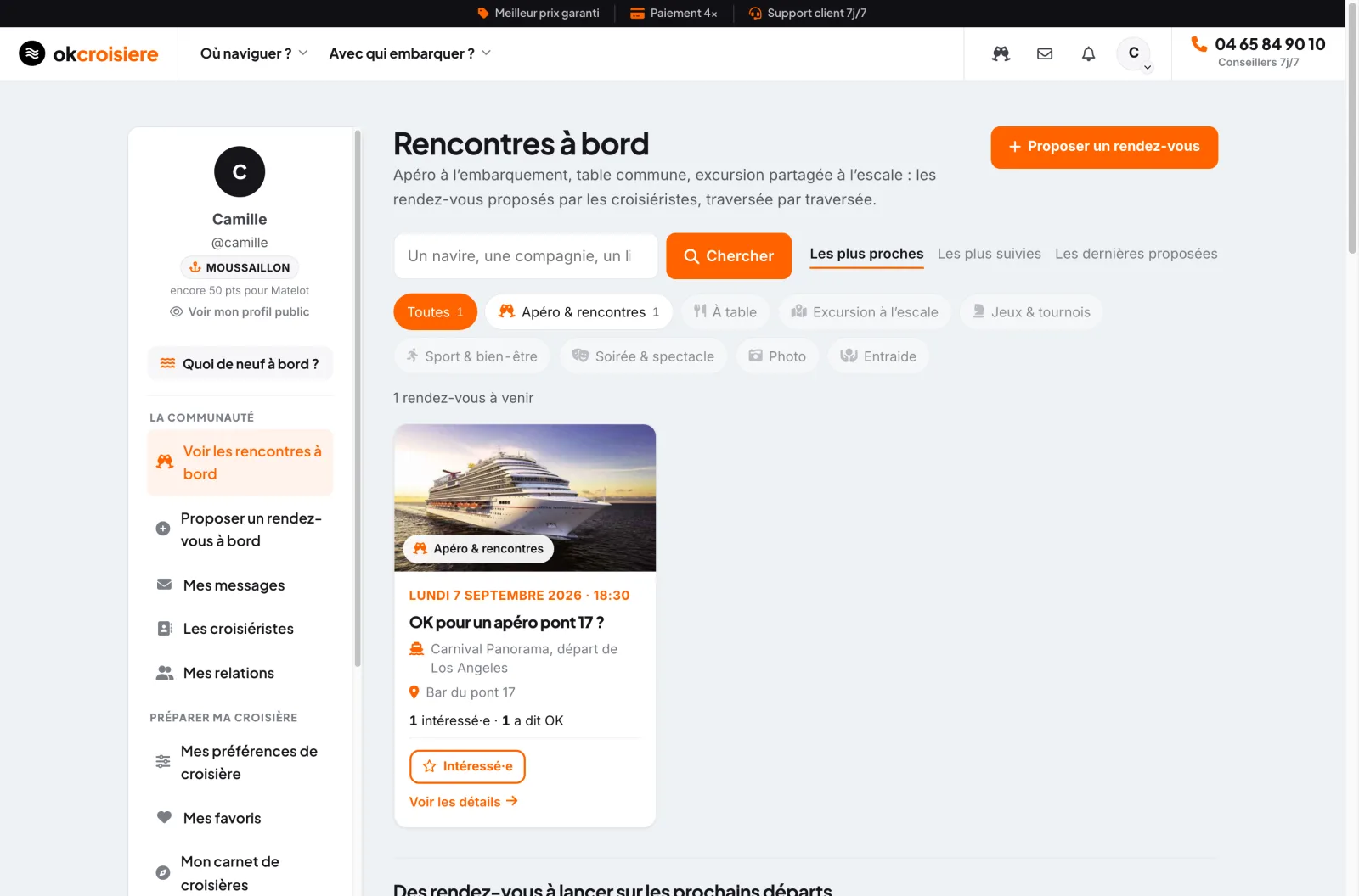 La page des rencontres à bord : catégories de rendez-vous, recherche et traversées qui s’organisent