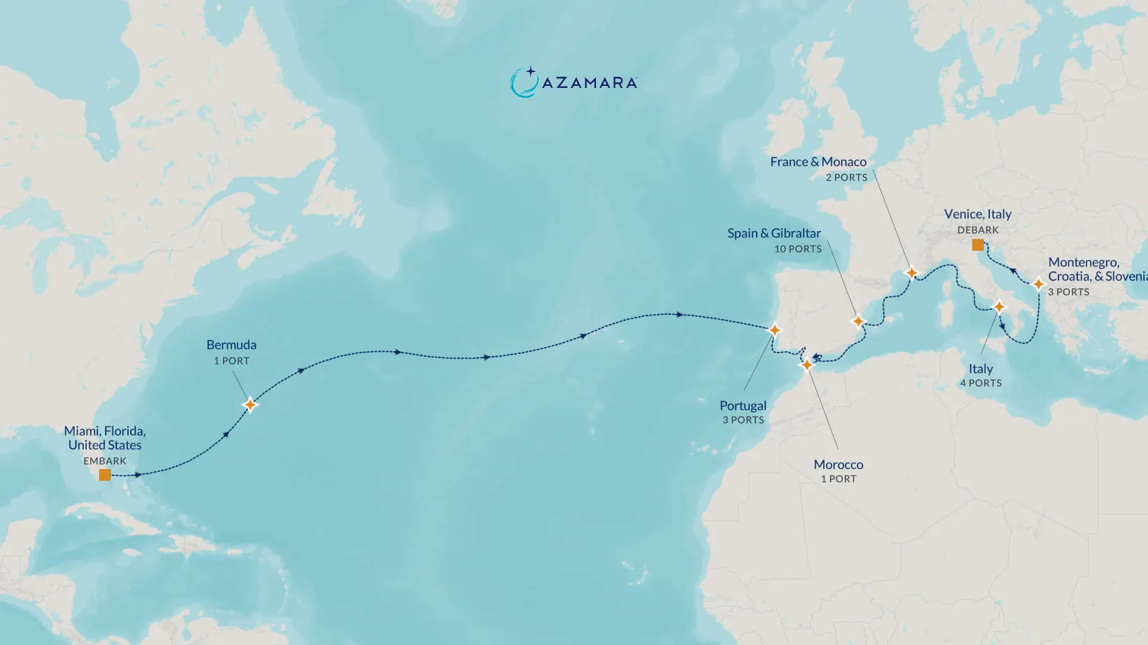 Carte des 6 Grands voyages Azamara 2027 montrant les itinéraires Miami-Venise, Copenhague-New York, Kobe-Vancouver et Athènes-Lisbonne