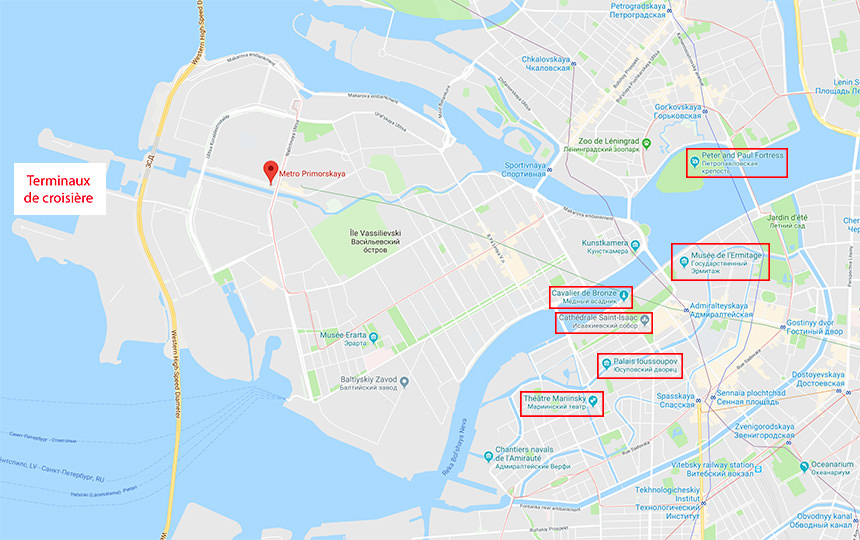 Carte Saint Pétersbourg distance par rapport au terminal de croisière